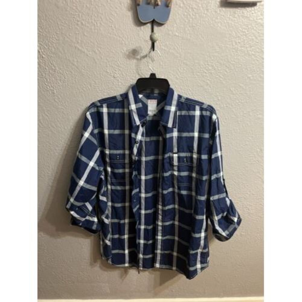 Izod Mens Explorer  Blue and‎ white Plaid Shirt Size Large Long Sleeve